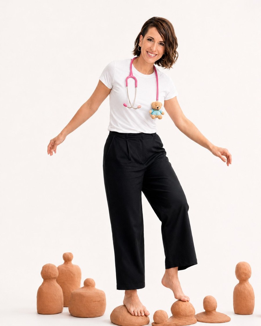 Raquel Ramos caminando entre figuras de barro, en equilibrio